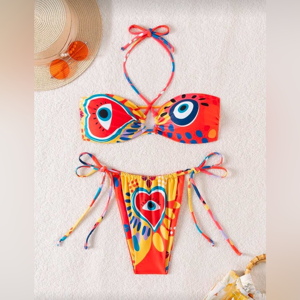 Bright Red & Yellow Heart Print Bikini Swim Set